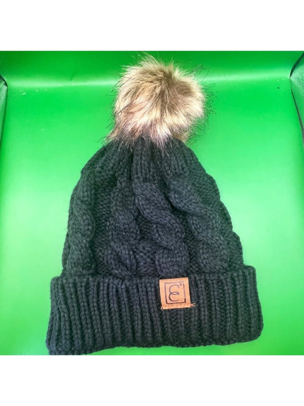C.C. Exclusives Beanie Black Cable Knit Faux Fur Pom Pom Fall Winter Hat NWOT
